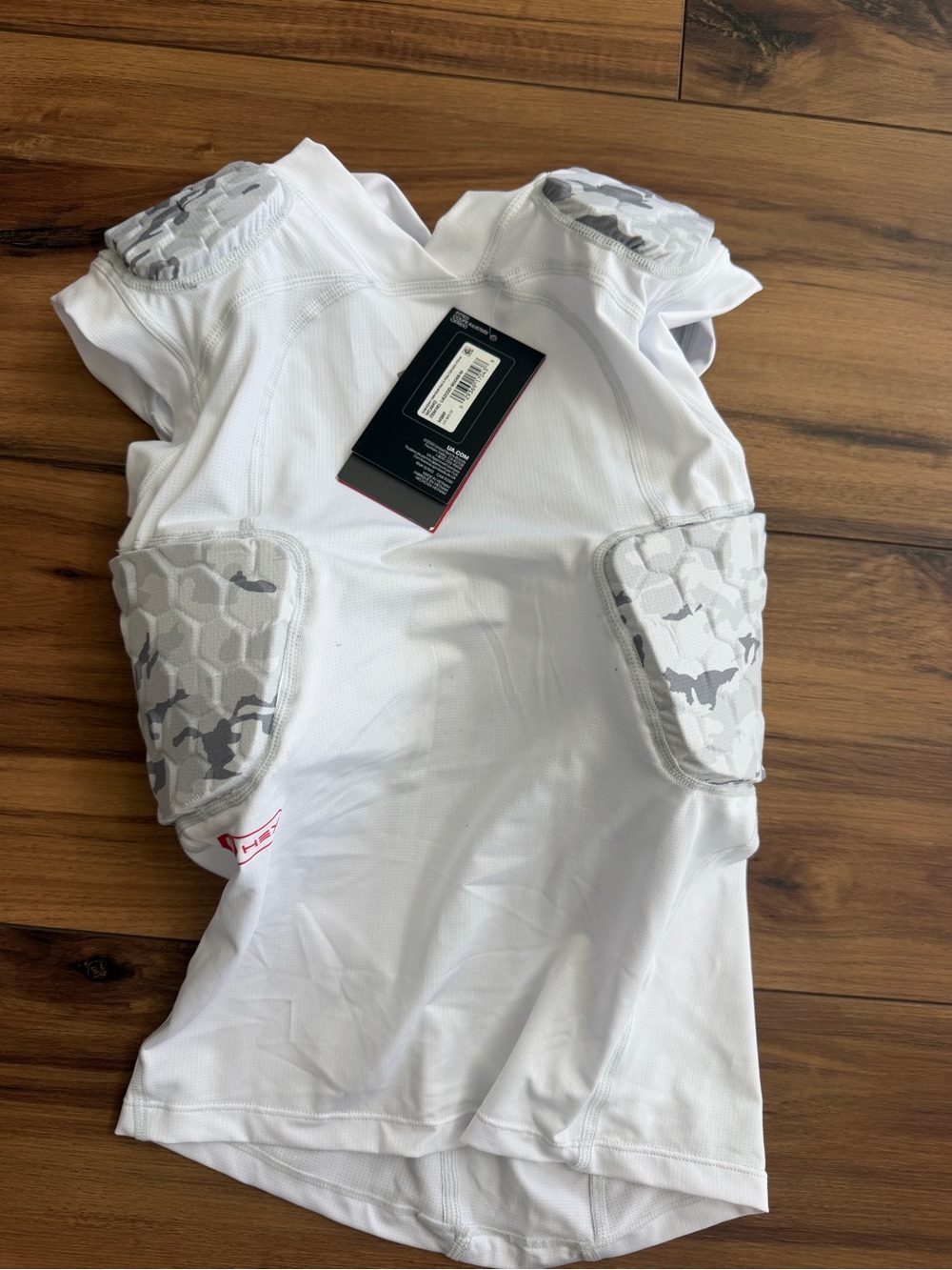 Under Armour White Padded Football Compression Shirt with Gray Camouflage Pads